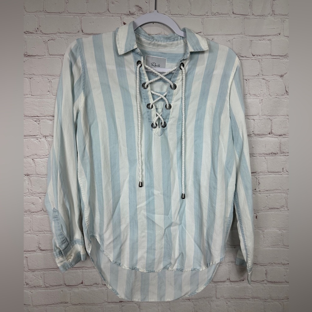 Rails Women's Blue White‎ Uli Block Stripe LS popover lyocell  shirt sz XS READ